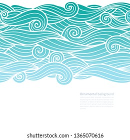 Waves pattern horizontally seamless design of water background green blue gradient wavy swirls outline with line art white vector illustration with copy space