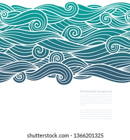 Waves pattern horizontally seamless design of water background green blue gradient wavy swirls outline with line art white vector illustration with copy space