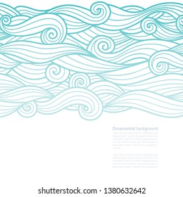 Waves pattern horizontally seamless design of water background green blue gradient wavy swirls outline with line art white vector illustration with copy space