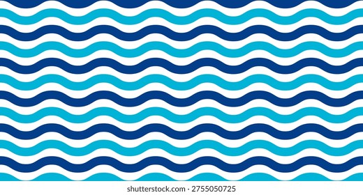 Waves pattern. Repeated parallel blue curvy lines on white background. Sea or ocean, lake or river water texture. Summer theme wallpaper. Simple marine print. Vector flat illustration.