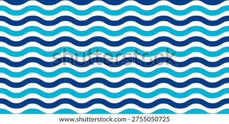 Waves pattern. Repeated parallel blue curvy lines on white background. Sea or ocean, lake or river water texture. Summer theme wallpaper. Simple marine print. Vector flat illustration.