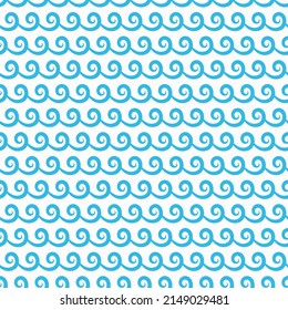 Waves pattern, sea water scallops and ocean wavy lines, vector seamless background. Blue curly wave stripes tile, nautical curly and spiral ripples of sea and ocean waves pattern