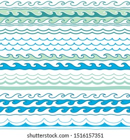 Waves pattern vector set. Abstract hand drawn borders. Brush strokes, lines collection. Ocean wave patterns.
