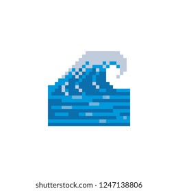 Waves Pixel Art Icon. Water Wave Symbol Logo Template, Weather Sign, Isolated Vector Illustration. Design For Web Site, App, Sticker.
