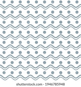 Waves and polka dots light blue on a textured white background. Pastel seamless pattern, abstract illustration.