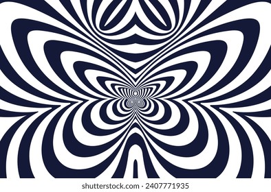 Waves radiating from the butterfly in the center. Composition of stripes with optical illusion. Op art background. Vector template