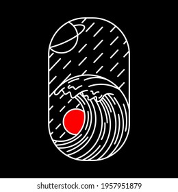 waves rain red sun monoline illustration