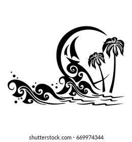 waves sailboat palm trees moon silhouette