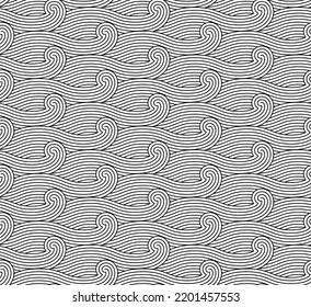 Waves, salt water wavy black and white pattern. Abstract holidays ocean seaside maritime summer wallpapers. Outline drawing vector seamless sea colouring book page illustration.