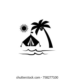 waves of sandy beach, camping tent and palm trees at sunset icon. Beach holidays simple icon. Travel element icon. Premium quality graphic design. Signs symbols collection icon on white background