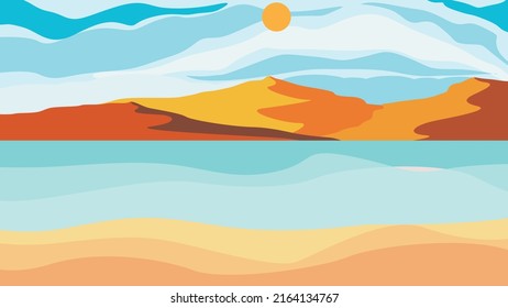 Waves and sandy beach. Clouds over sea . Summit and sunset logo .Vector