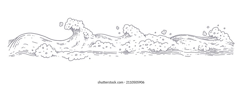 Waves Sea Ocean. Vector Bursts Splash With Foam And Bubbles. Outline Doddle Sketch Black White Illustration.