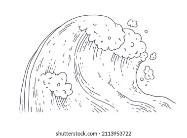 Waves Sea Ocean. Vector Bursts Splash With Foam And Bubbles. Outline Doddle Sketch Black White Illustration.