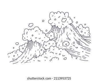 Waves Sea Ocean. Vector Bursts Splash With Foam And Bubbles. Outline Doddle Sketch Black White Illustration.