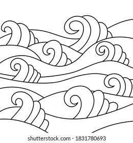 The waves, the sea or the ocean . Vector Hand drawn illustration. A postcard, backdrop, or coloring book for children