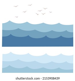 Waves, sea, seagulls. Birds in the distance, blue sea surface in cartoon style. Isolated vector 