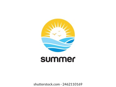 waves sea and sun in the shape of circle logo icon vector