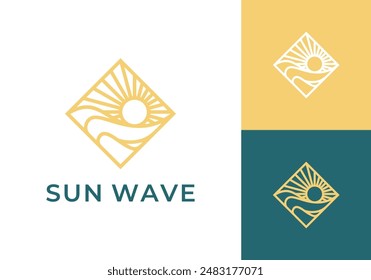 waves sea and sun in the shape of square logo icon vector