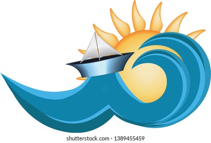 The waves of the sea, a sun and a ship sailed through the waves