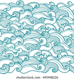 Waves seamless border pattern. May be used like an Invitation card design. Vector illustration with sea waves.