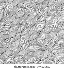 Waves seamless pattern in black and white is hand drawn ink illustration. Illustration is in eps8 vector mode, background on separate layer. 