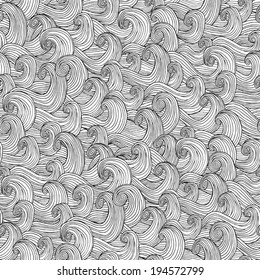 Waves seamless pattern in black and white is hand drawn ink illustration. Illustration is in eps8 vector mode, background on separate layer. 