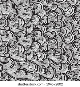 Waves seamless pattern in black and white is hand drawn ink illustration. Illustration is in eps8 vector mode, background on separate layer. 