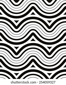 Waves seamless pattern, black and white vector background.