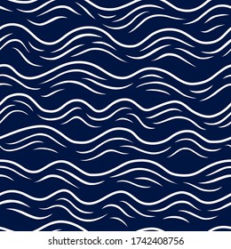 Waves seamless pattern. Blue background. Hand drawn wavy seacoast. Sea and ocean concept. Seascape water. Drawing wave line. Abstract lines for design prints. Nautical tides. Summer backdrop. Vector