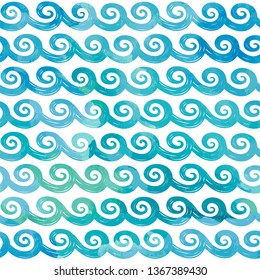 Waves seamless pattern. Brush painted hand drawn wave ornament. Vector wavy background.
