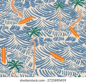 Diseño de patrón sin costuras de olas. diseño de estampado de camisa de safari hawaii. diseño de camisa de palmera de tabla de surf y grandes olas juntas. diseño de camisa. patrón de tela textil de ropa de verano. perfecto para camiseta sudadera vestido de camisa para 