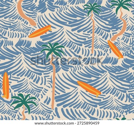 Waves Seamless Pattern Design. safari Hawaii shirt print design. surfboard palm tree and big waves together shirt design. summer clothing textile fabric pattern. perfect for tee sweat shirt dress for 