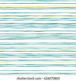 Waves Seamless Pattern. Hand Drawn Lines Abstract Background. Blue And Yellow Stripes Texture. Sketch Vector Illustration