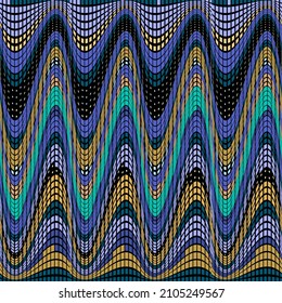 Waves seamless pattern. Ornamental wavy lines vector background. Mosaic repeat backdrop. Modern digital ornament. Patterned border design with blue halftone squares, waves. Endless colorful texture.