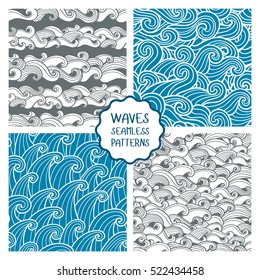 Waves seamless pattern. Set of vector illustrations with sea waves. Collection of marine backgrounds.