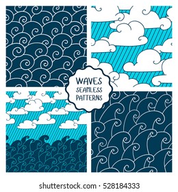 Waves seamless pattern. Set of vector illustrations with sea waves and clouds. Collection of marine backgrounds.