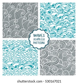Waves seamless pattern. Set of vector illustrations with sea waves. Collection of marine backgrounds.