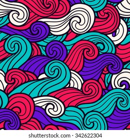 Waves seamless pattern. Vector illustration with curly waves. Abstract ornament with spirals.