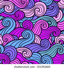 Waves seamless pattern. Vector illustration with curly waves. Colorful abstract ornament with spirals.