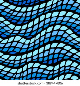 Waves seamless pattern. Vector illustration with snake skin texture. Colorful abstract ornament with leaves. Rhombuses