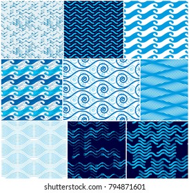 Waves seamless pattern, vector water runny curve lines abstract repeat endless background, blue color rhythmic waves.