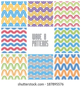 Waves seamless patterns set, colorful geometric vector backgrounds collection.
