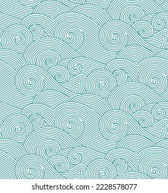 Waves seamless turquoise teal blue doodle hand draw pattern. Vector surfing wavy background. Coastal salt water line art illustration.