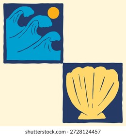 Waves and seashell coastal vintage simple illustration