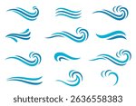 Waves set blue sea ocean icons, design elements, splash and swirl, emblems and signs