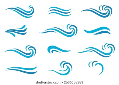 Waves set blue sea ocean icons, design elements, splash and swirl, emblems and signs