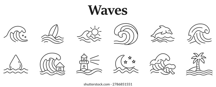 Waves set icon. Line icons depict ocean crest, surfboard waterline, sunrise horizon, spiral current, dolphin jump, large breaker, droplet form, coastal house scene, lighthouse beam, night tide