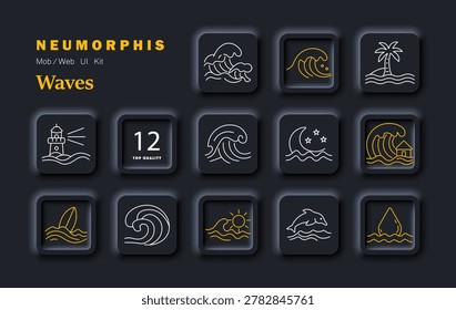 Waves set icon. Neumorphic dark interface with outline symbols of ocean waves, palm island, lighthouse beam, night sea, coastal house, surfboard, rolling tide, sunrise water, dolphin jump, drop