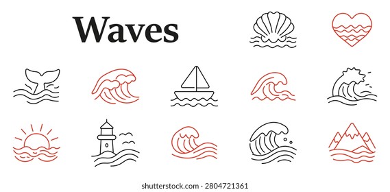 Waves set icon. Ocean scenery, seashell symbol, sailing vessel, coastal lighthouse, mountainous shoreline, marine sunset, flowing surf, tropical aquatic landscape.