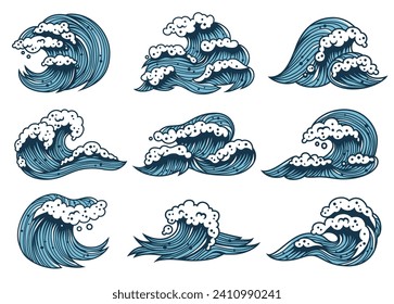 Waves set, marine nautical sea or ocean wave collection for design